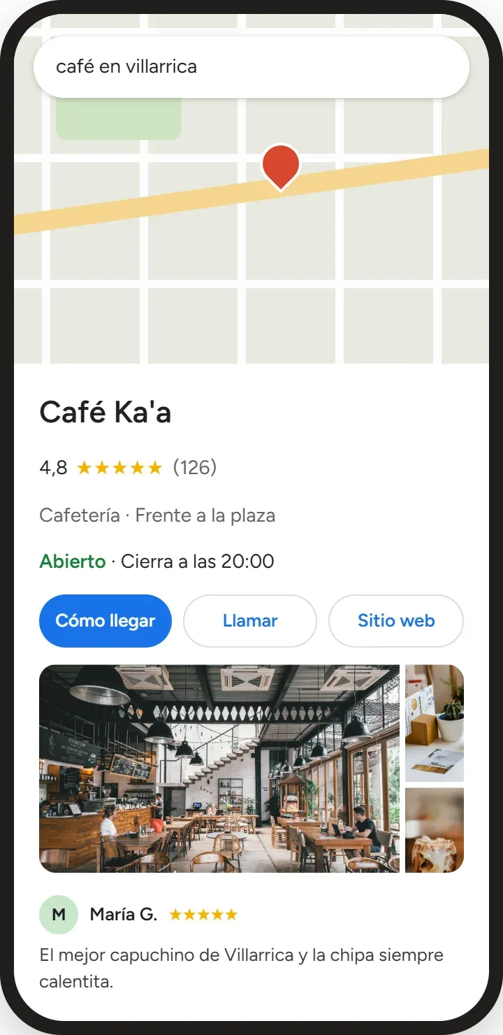 Simulación del perfil de Café Ka'a en Google Maps: 4,8 estrellas, abierto, botones para llegar, llamar y sitio web